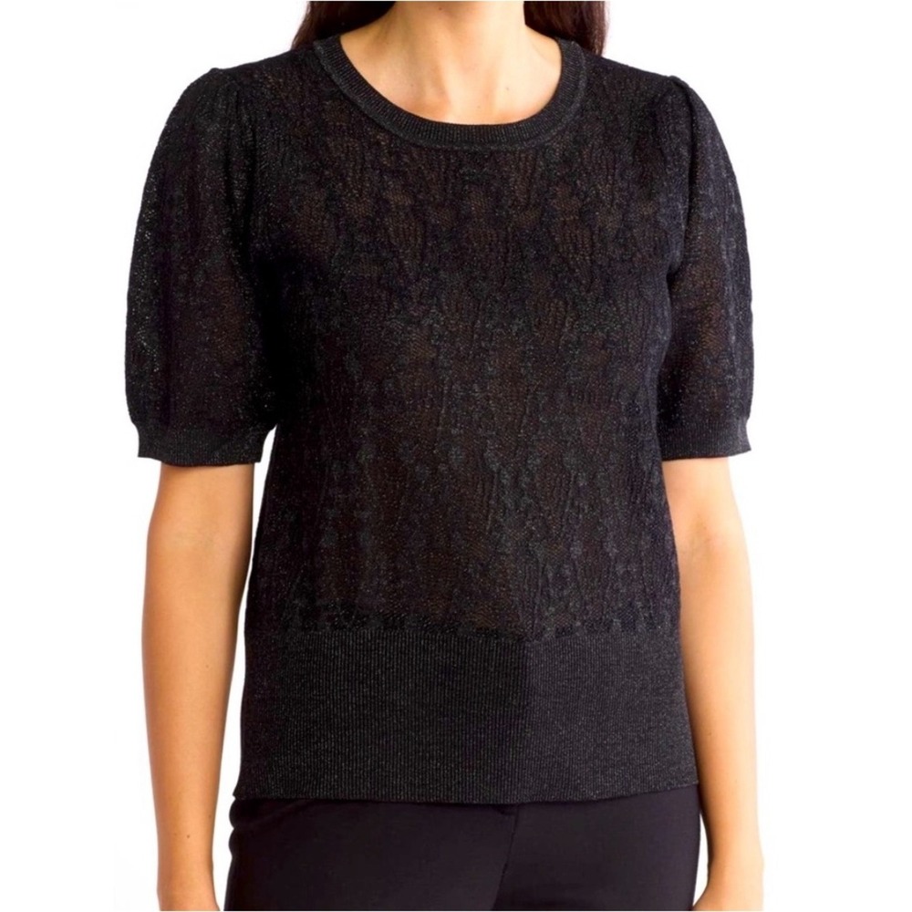Adrianna Papell Short Sleeve Mesh Knit Top Size L Black Silver Office Career